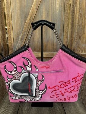 Ed Hardy Vintage Y2K World Citizen Pink Canvas Rhinestones Embroidered Purse